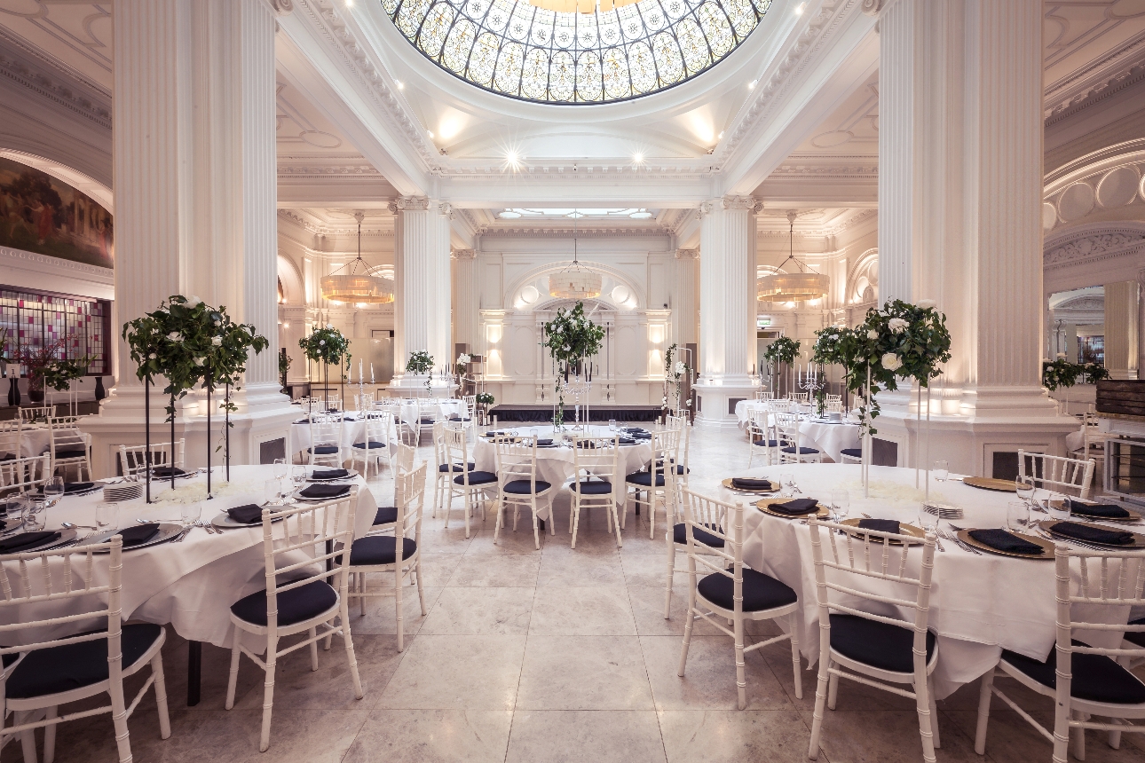 grand reception room white decor domed glass ceiling