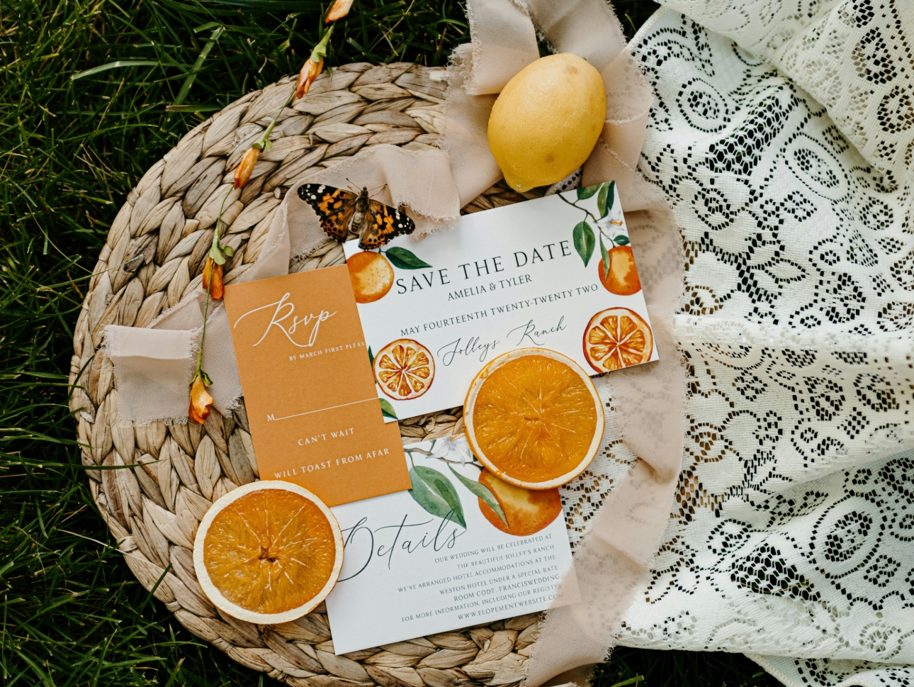bright stationery in orange and lemon tones