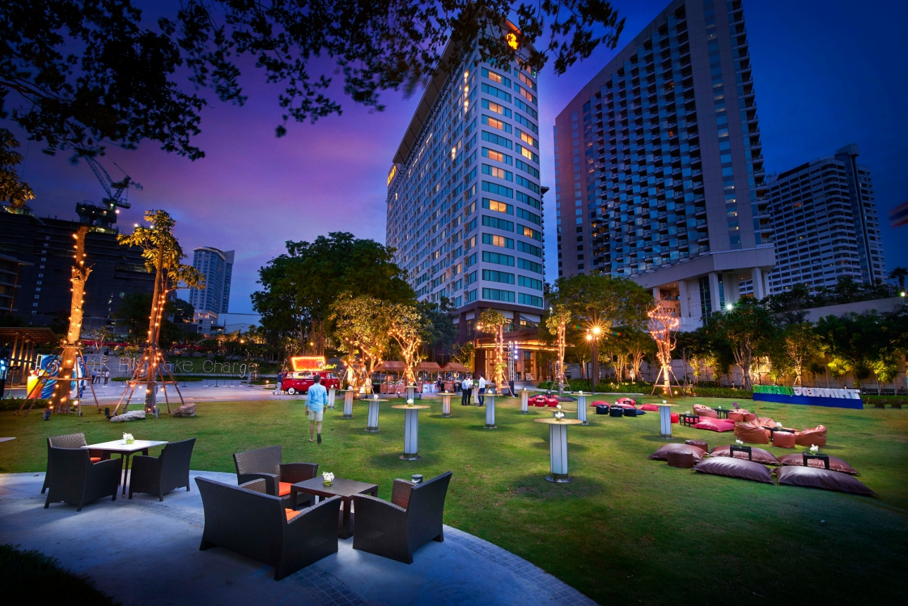 night shot of hotel surroundings