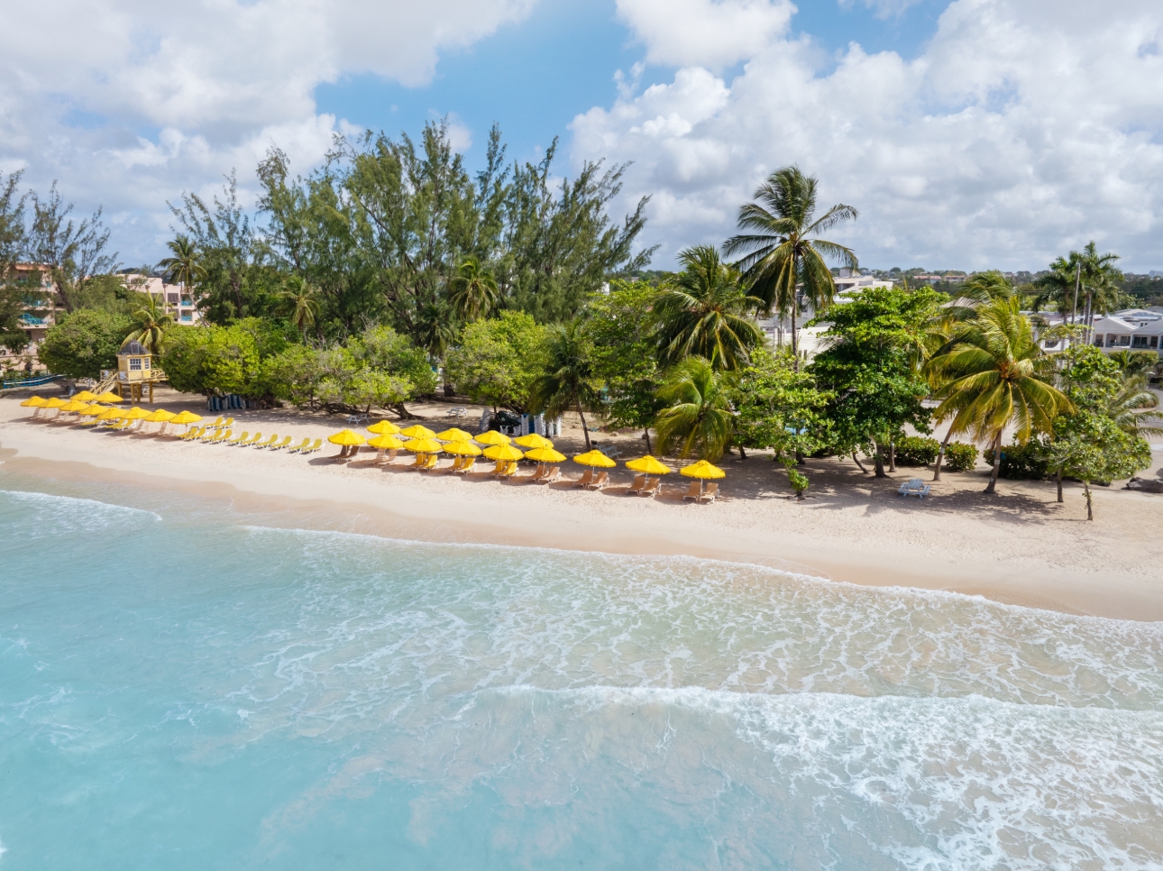 beach view with yellow loungers and parasols on the beach