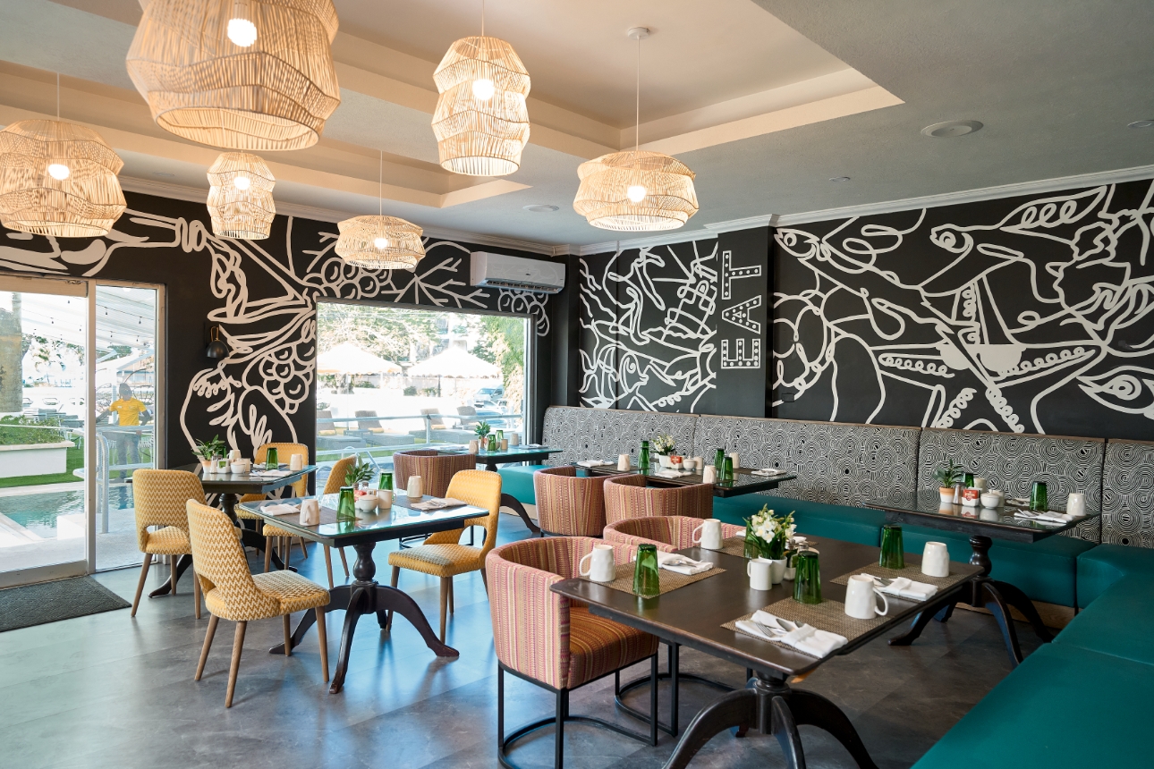 The Rockley Restaurant contemporary in design black and white wall art coloured seating 