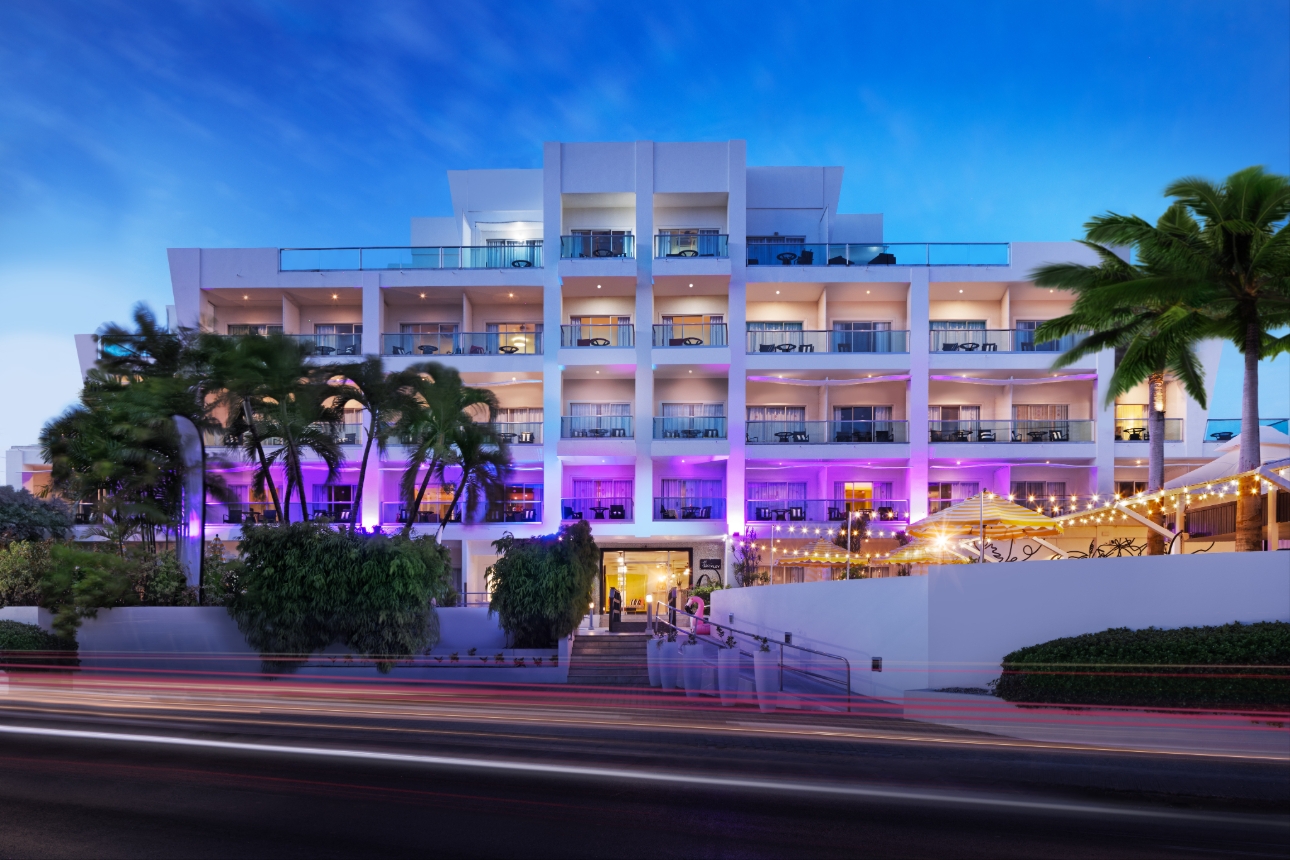 night shot of the hotel lit up 