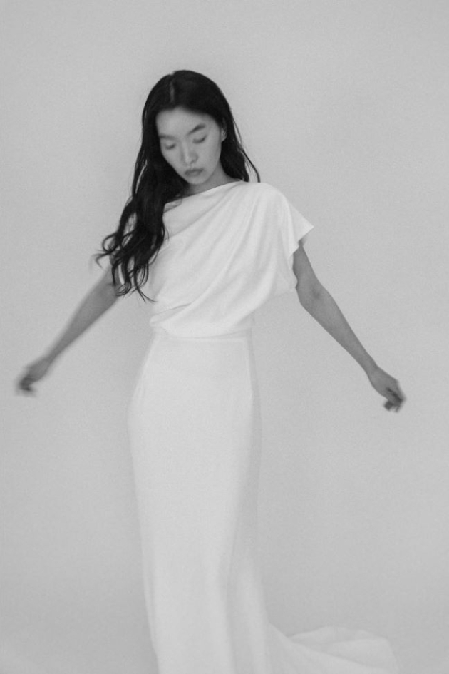 constructed sculpturally draped heavyweight crepe dress
