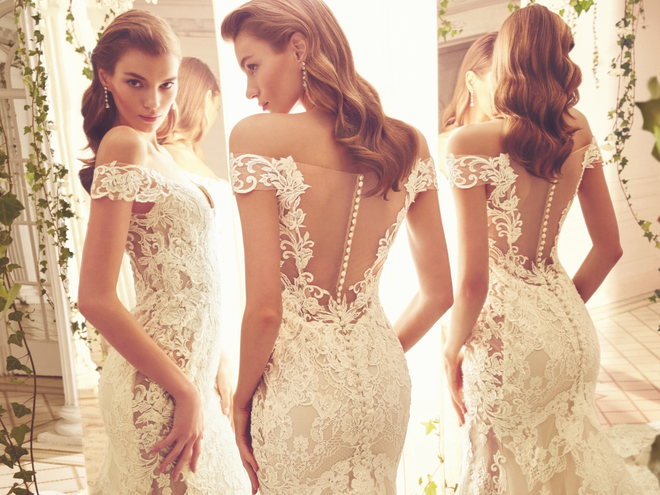 three image split shot of models in wedding dresses