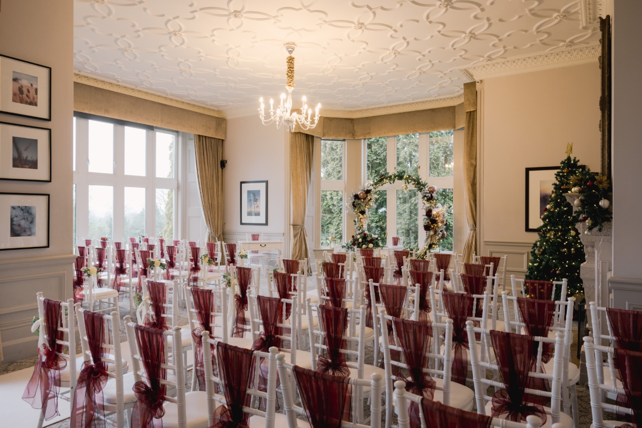Wedding ceremony room set up at manor